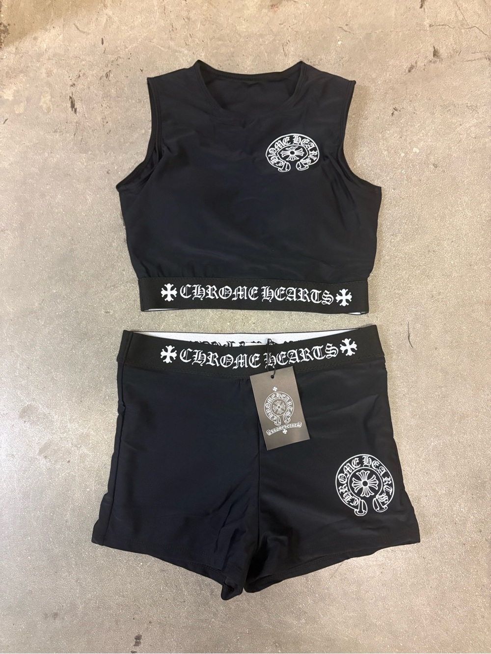 Chrome Hearts Black & White Logo Athletic Crop Top and Shorts Set